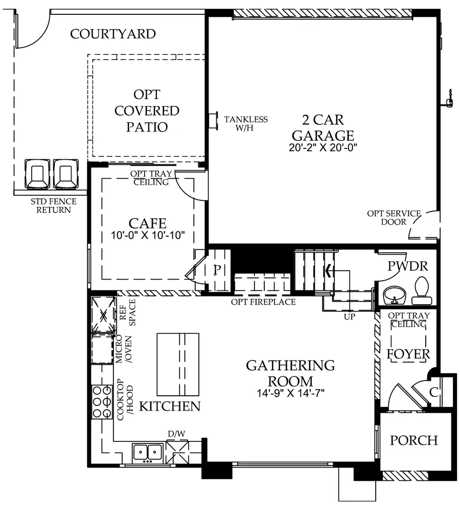 First floor plan: porch and foyer, gathering room, kitchen, caf&eacute;, courtyard with an optional covered patio, powder room, two-car garage