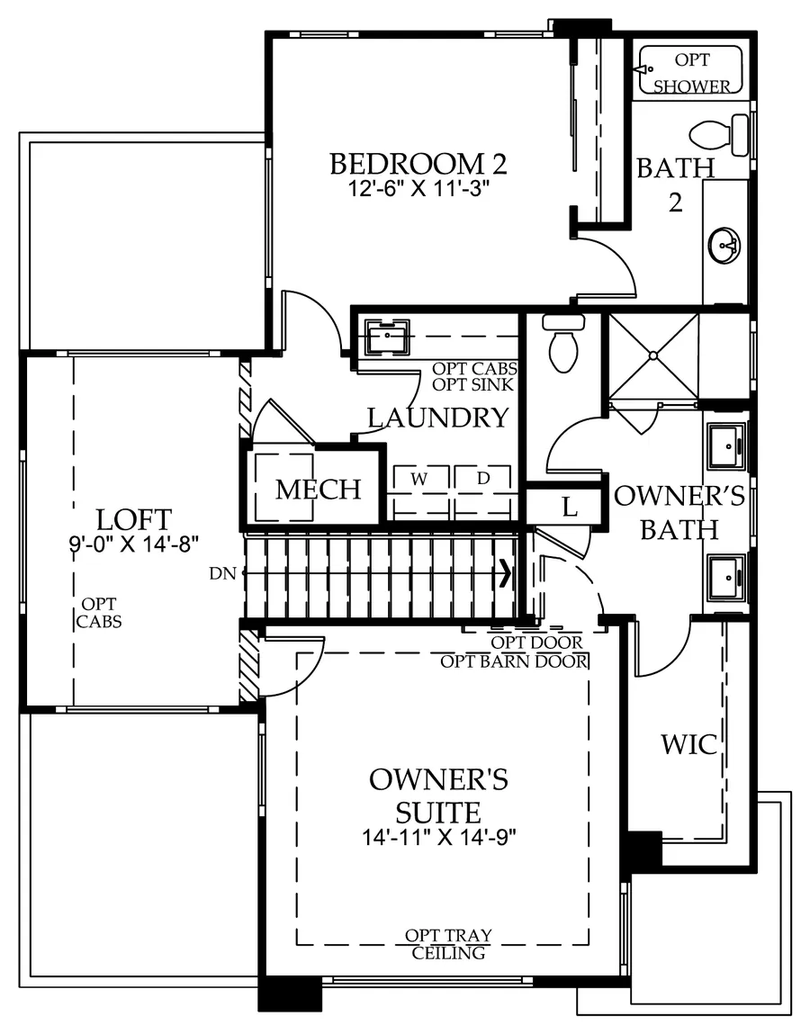 Second floor plan: loft, owner&rsquo;s suite with bath and walk-in closet, bedroom 2 with bath 2, laundry