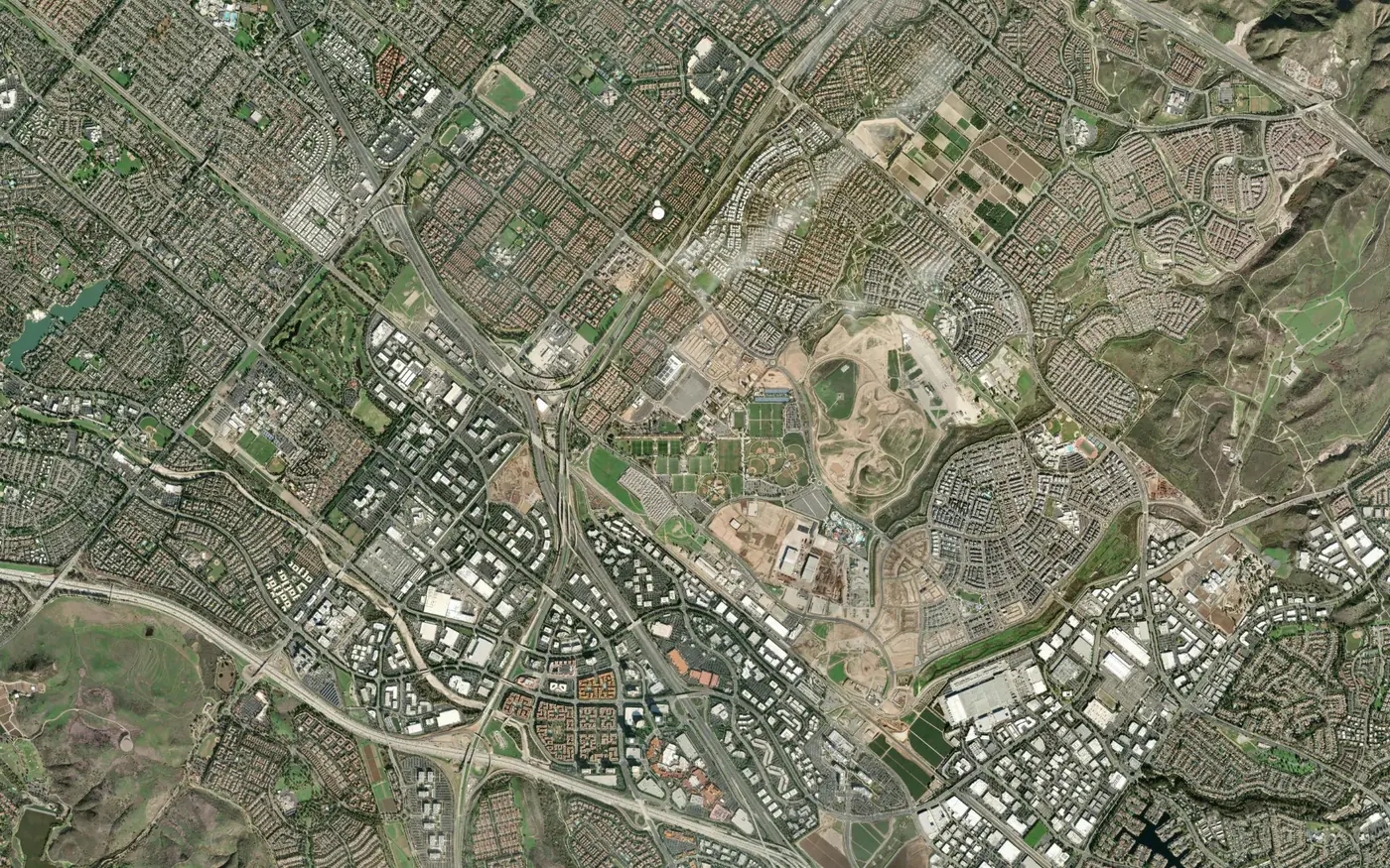 Satellite view of the Great Park Neighborhoods, from Woodbury in the north down to Irvine Spectrum